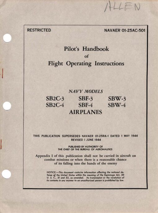 Flight Manual for the Curtiss SB2C A-25 Helldiver