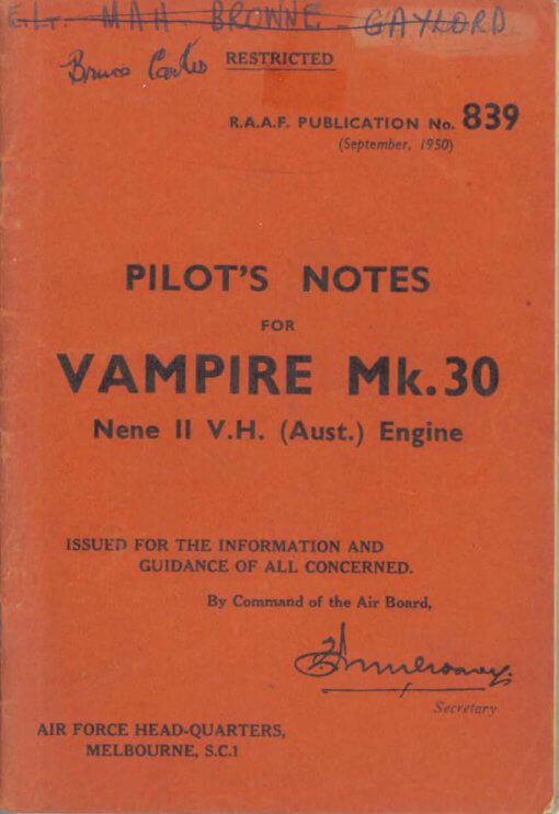 Flight Manual Pilots Notes for the DH100 and DH115 Vampire