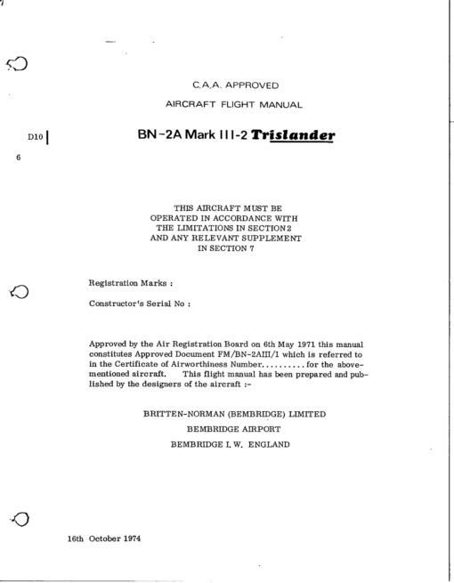 Flight Manual Pilots Notes for the Britten Norman Trislander