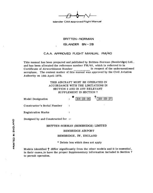 Flight Manual Pilots Notes for the Britten Norman Islander