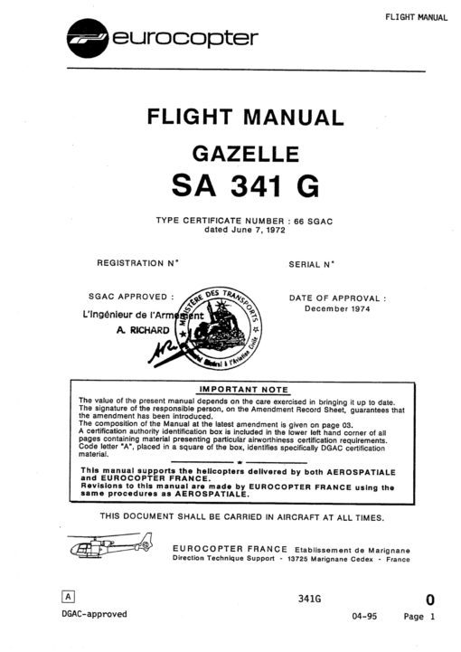 Flight Manual for the Aerospatiale Eurocopter Gazelle